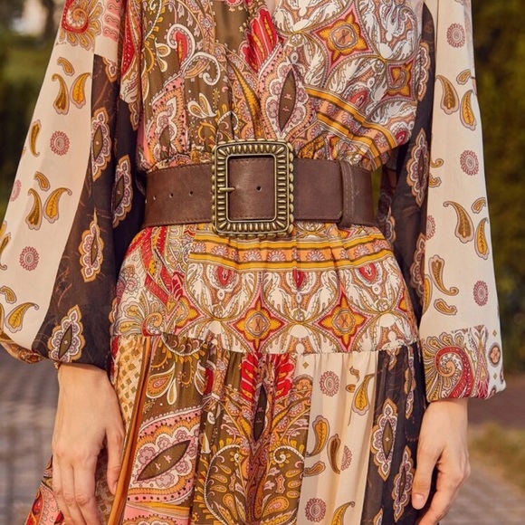 Accessories - Boho wide high waist gold square western belt brown vegan leather
